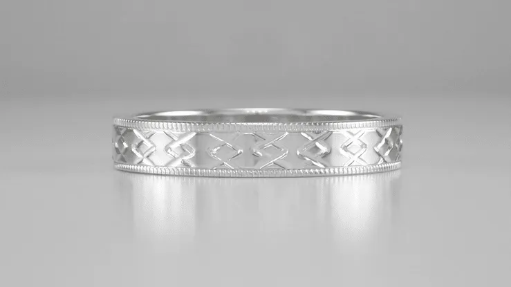 Mid Century Modern Interlocking Chevrons Engraved Wedding Band in White Gold - 4mm