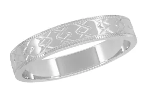Mid Century Modern Interlocking Chevrons Engraved Wedding Band in White Gold - 4mm
