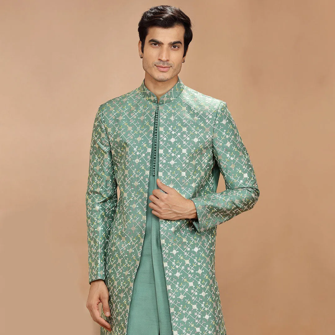 Mint Green Indo Western With Geometric Jacket
