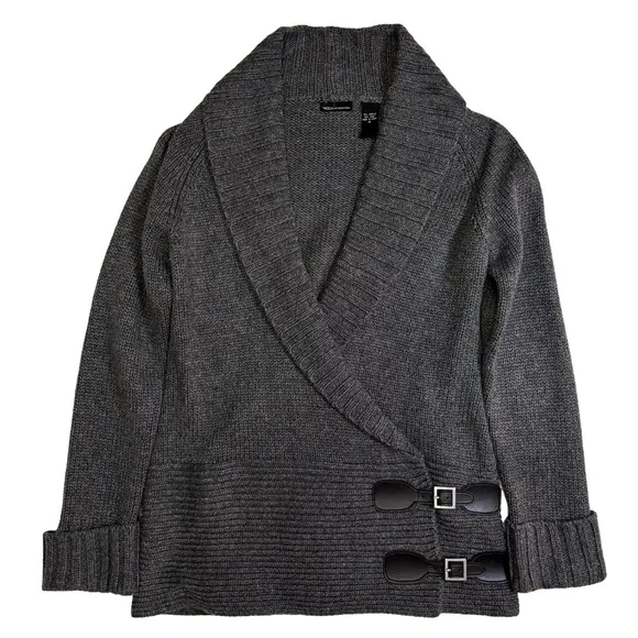 Moda International Gray Sweater Size Medium  Wrap Buckle Shawl Collar Ribbed NWT