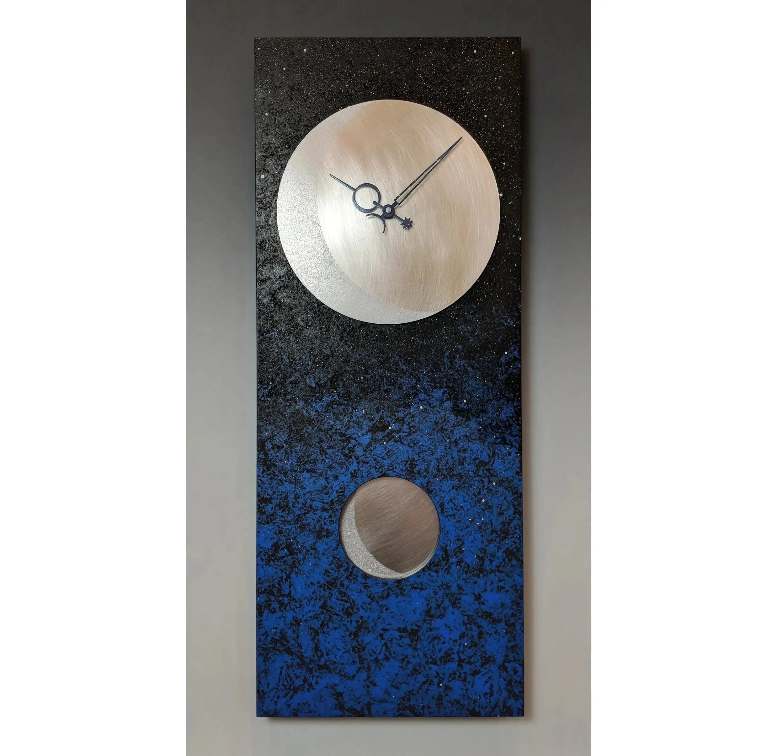 Moon At Night Pendulum Wall Clock 30 in Hand Painted Wood and Textured Stainless Steel by Leonie Lacouette