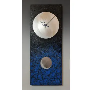 Moon At Night Pendulum Wall Clock 30 in Hand Painted Wood and Textured Stainless Steel by Leonie Lacouette