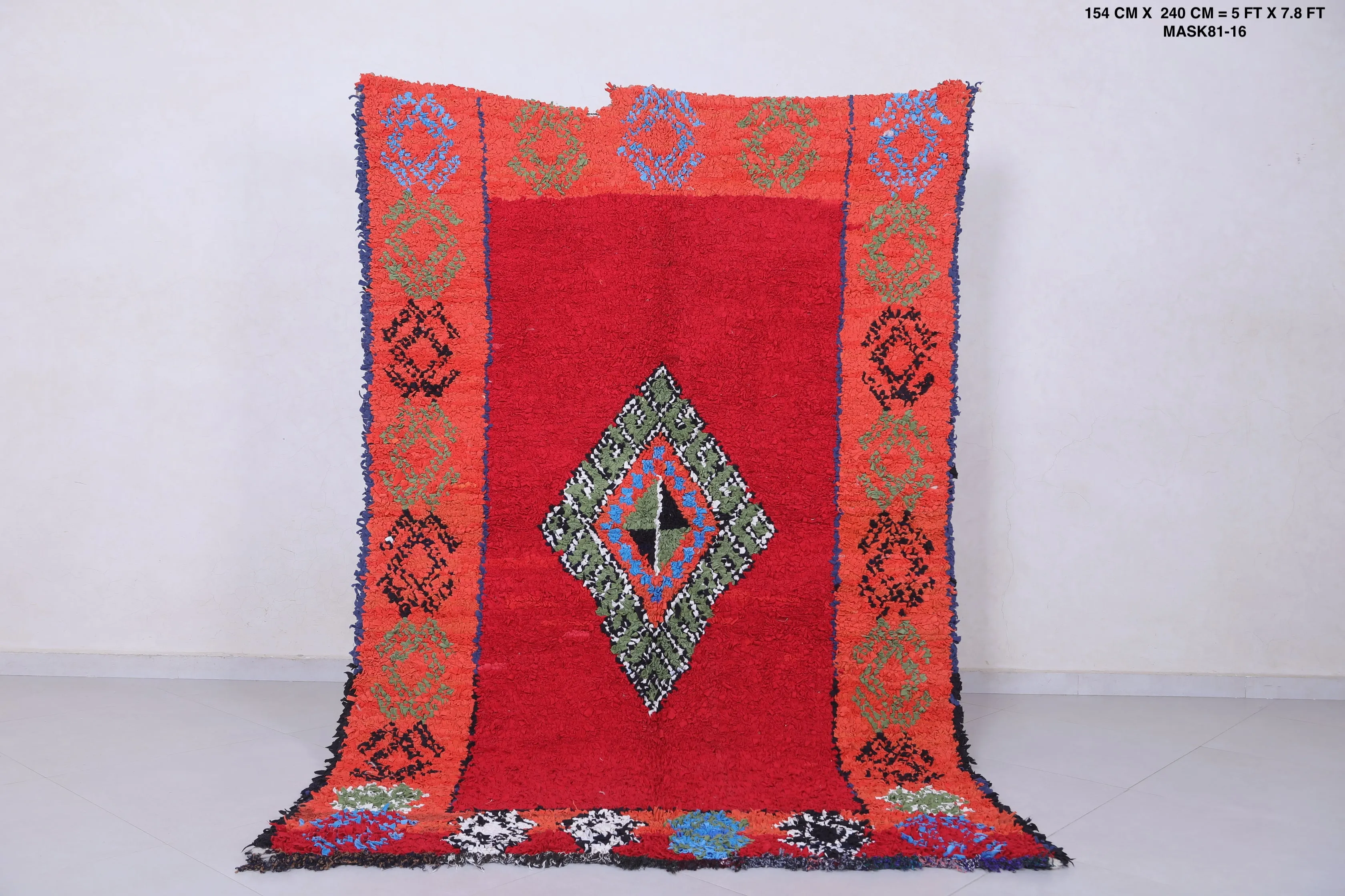 Moroccan Berber Rug – Bold Red with Central Diamond 5 x 7.8 ft