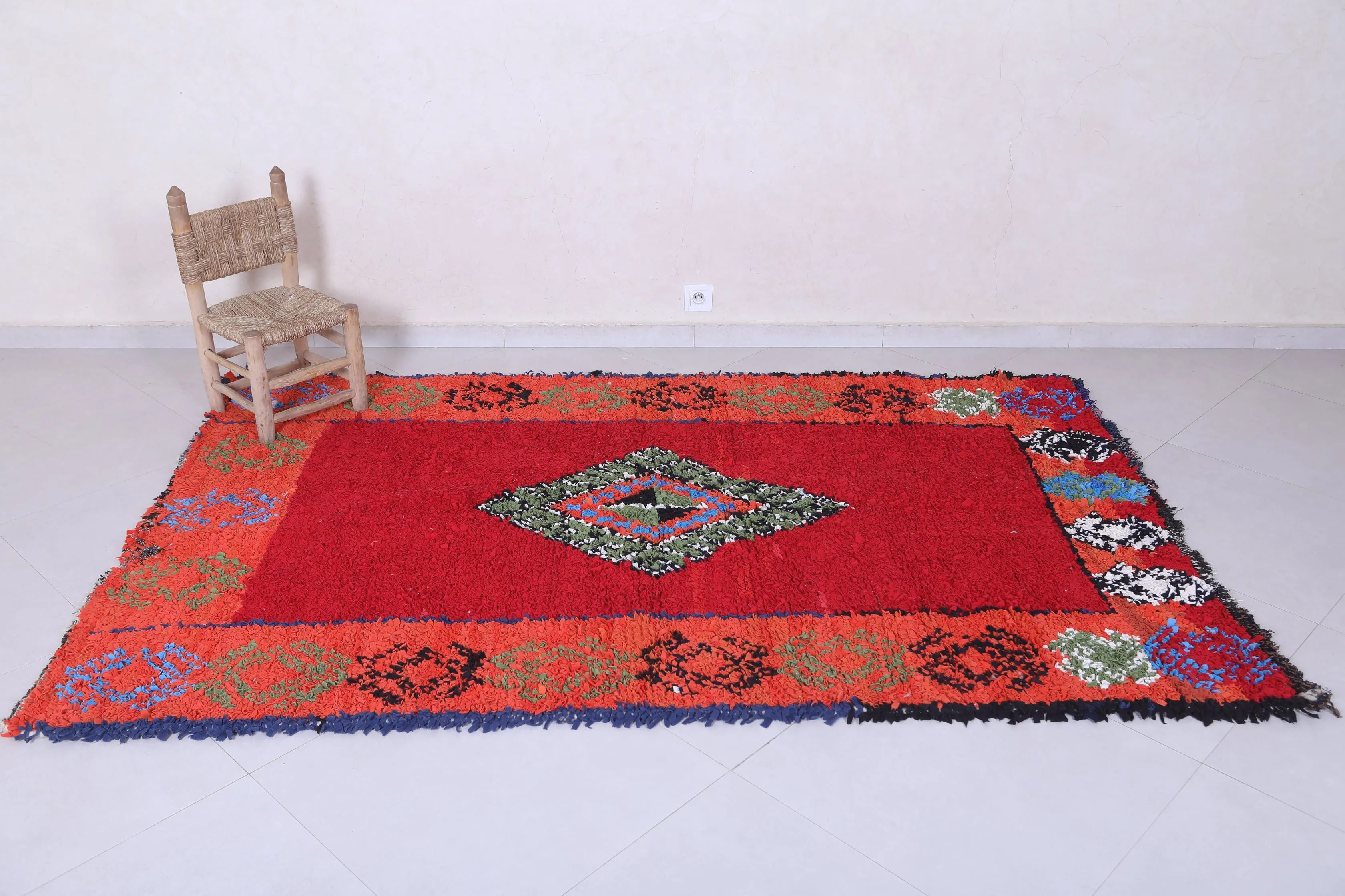 Moroccan Berber Rug – Bold Red with Central Diamond 5 x 7.8 ft
