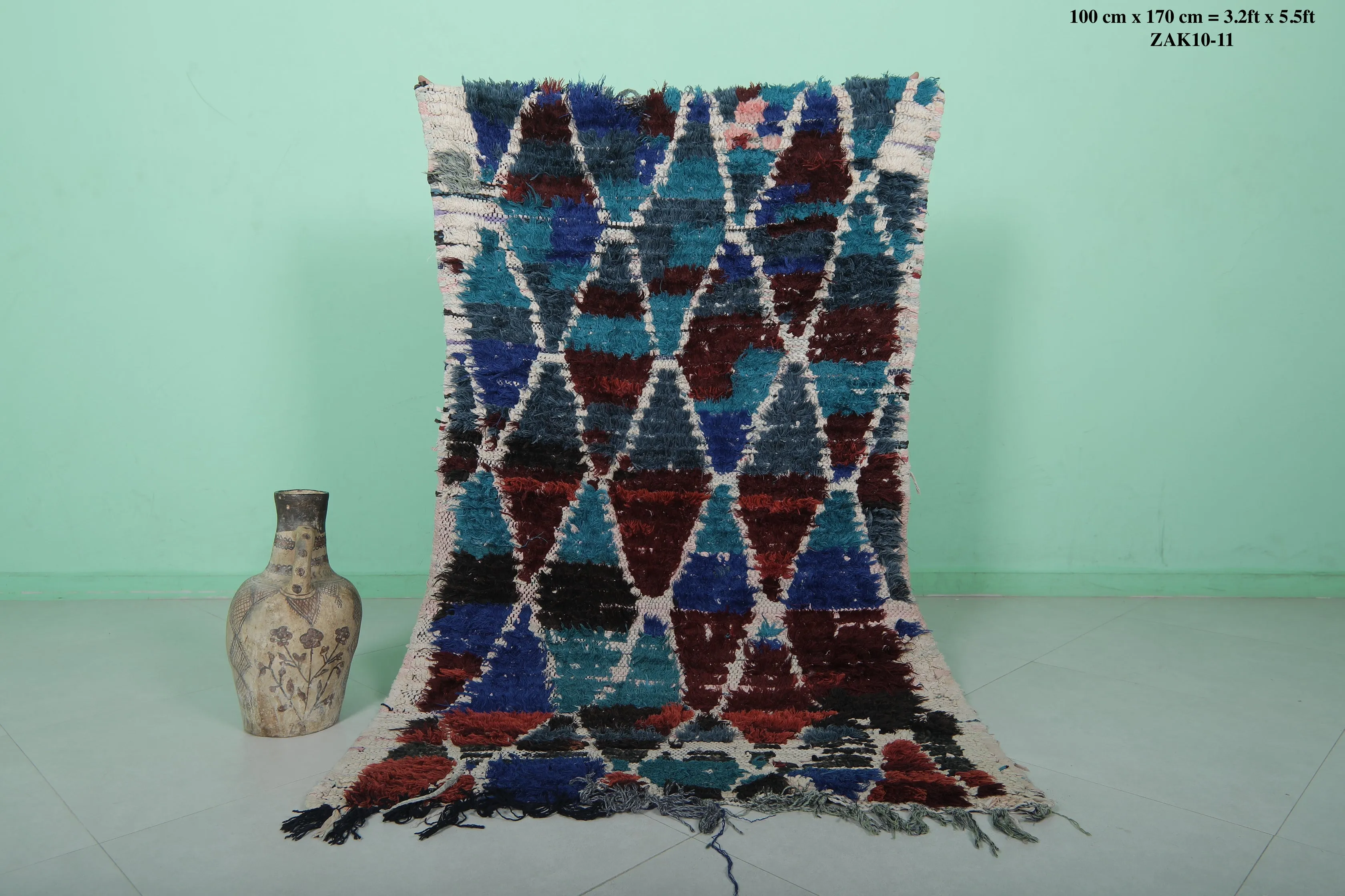 Moroccan Boucherouite Rug - 3.2x5.5 ft | Handwoven Geometric Design