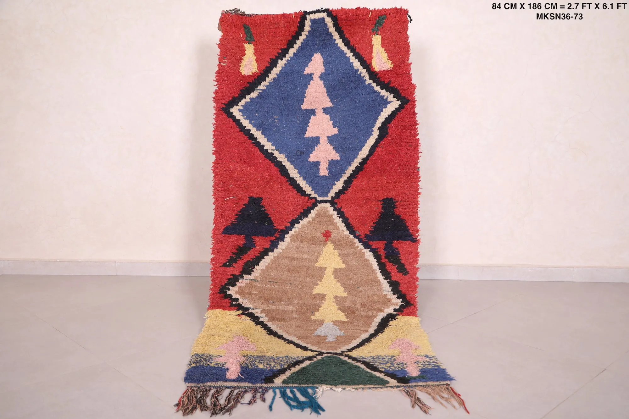 Moroccan Rug 2.7 X 6.1 Feet - Bold Colors with Geometric Tree Patterns