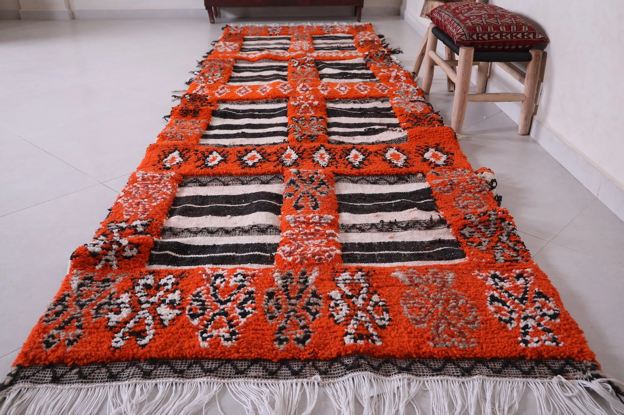 Moroccan Rug 3.6 X 12.2 Feet - Bold Orange with Black & White Accents