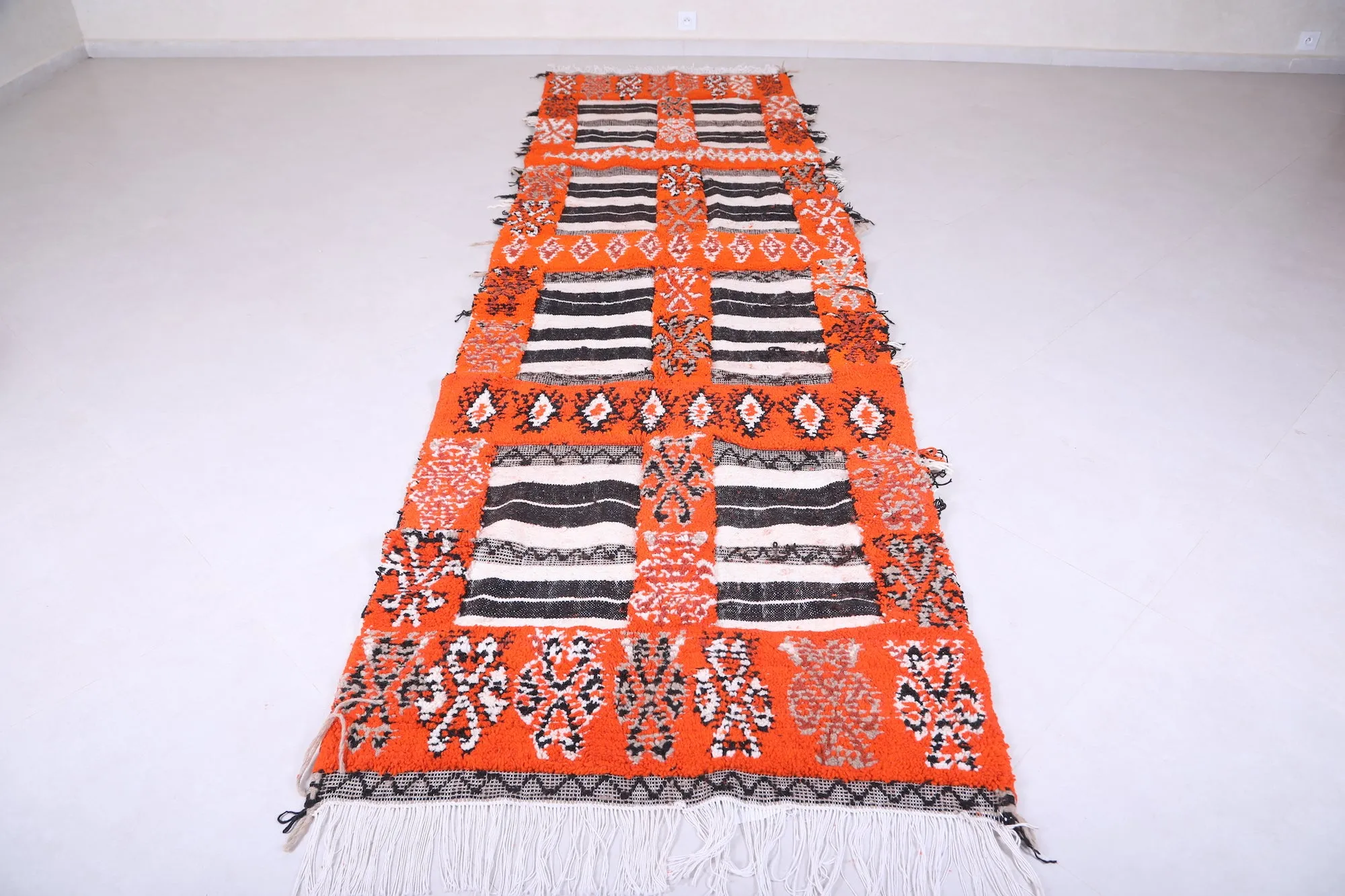 Moroccan Rug 3.6 X 12.2 Feet - Bold Orange with Black & White Accents