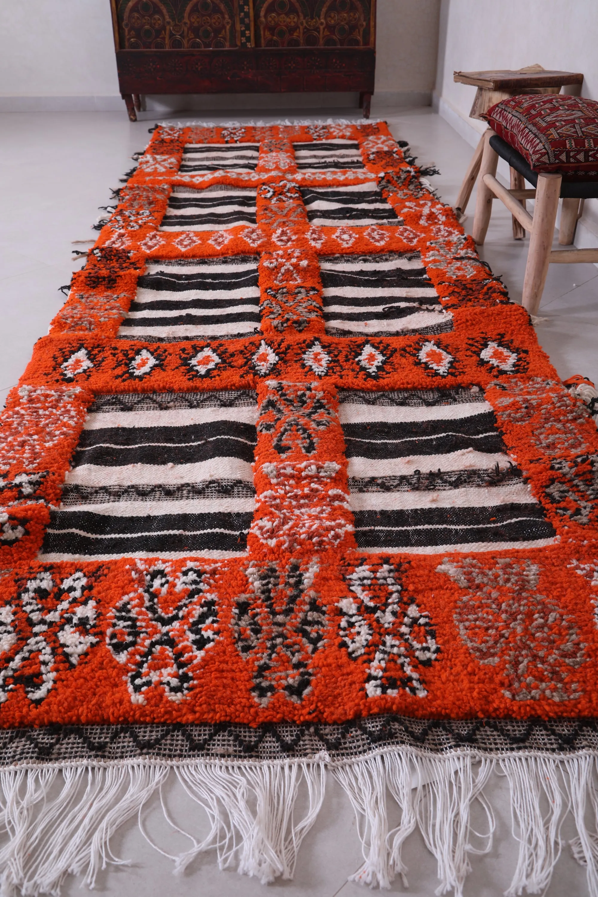 Moroccan Rug 3.6 X 12.2 Feet - Bold Orange with Black & White Accents
