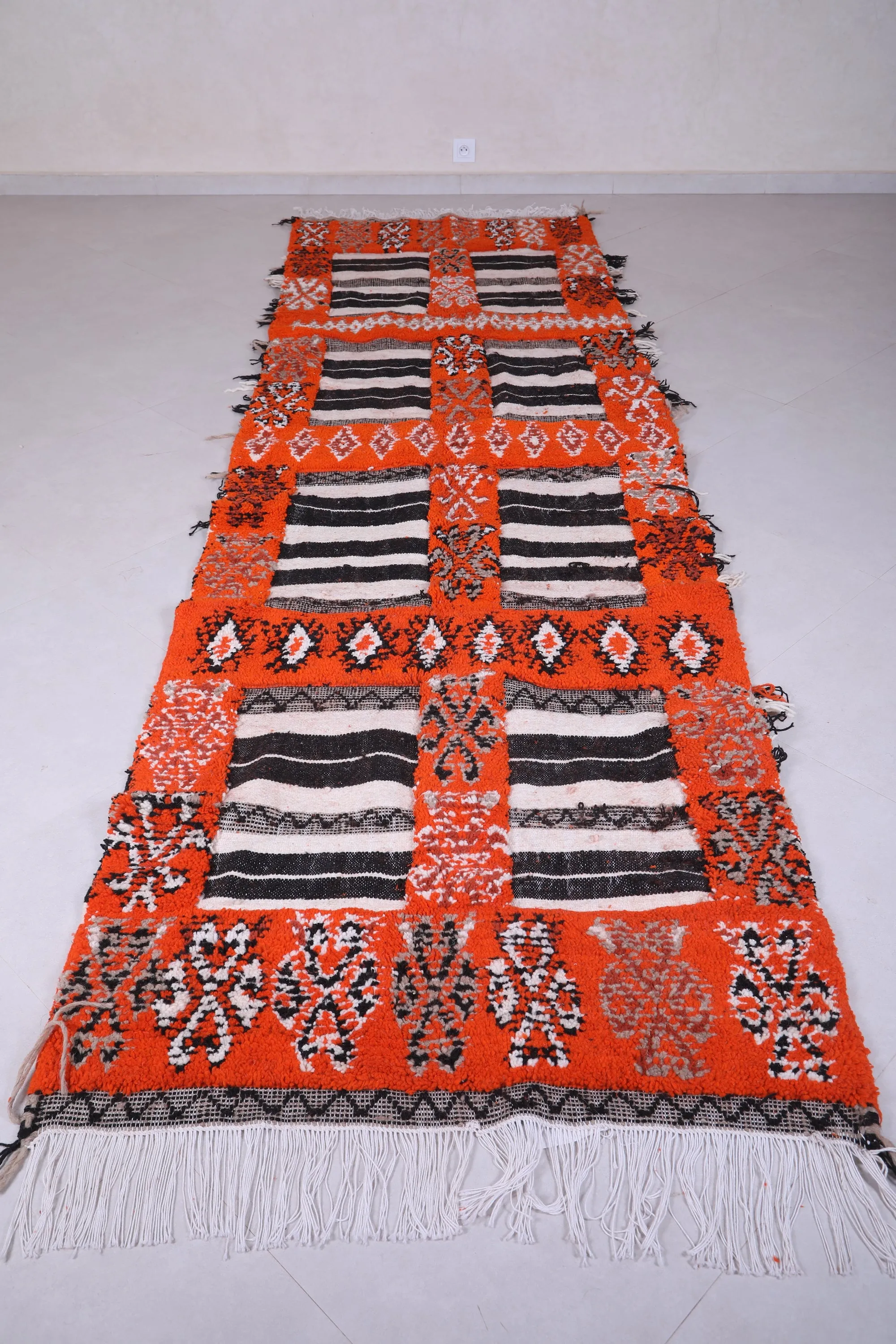 Moroccan Rug 3.6 X 12.2 Feet - Bold Orange with Black & White Accents