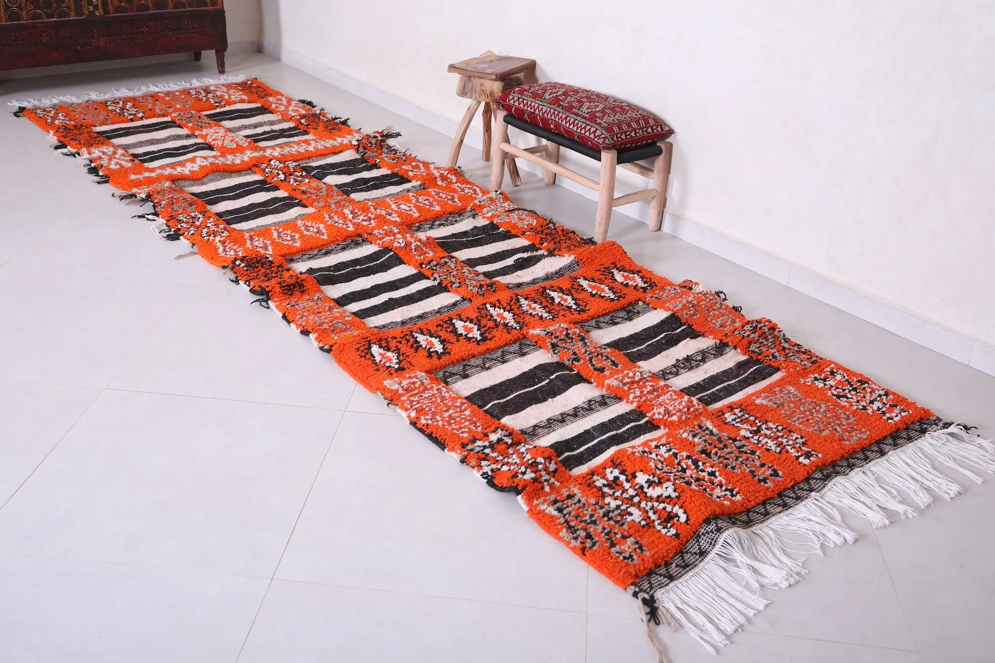 Moroccan Rug 3.6 X 12.2 Feet - Bold Orange with Black & White Accents