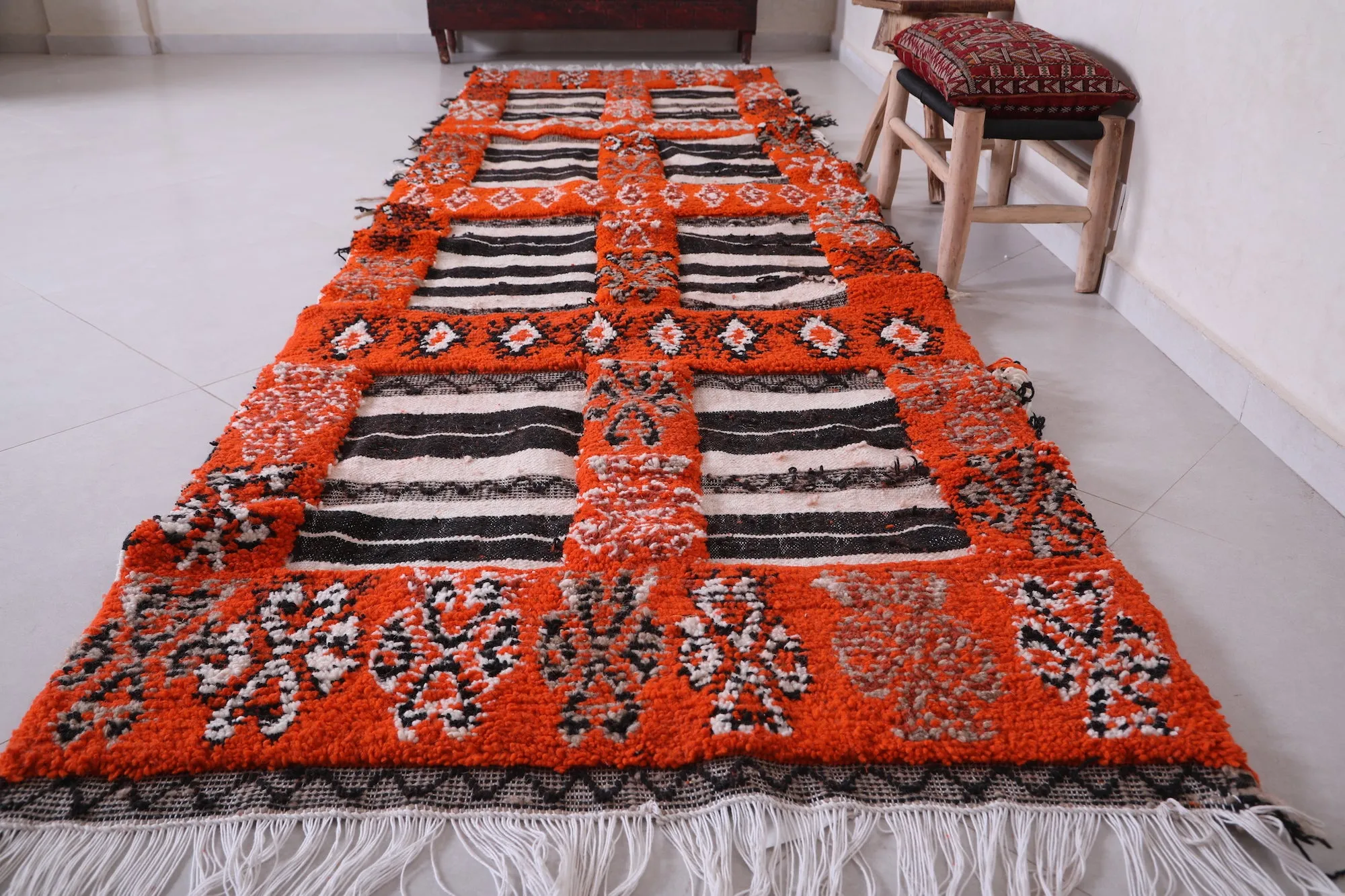 Moroccan Rug 3.6 X 12.2 Feet - Bold Orange with Black & White Accents