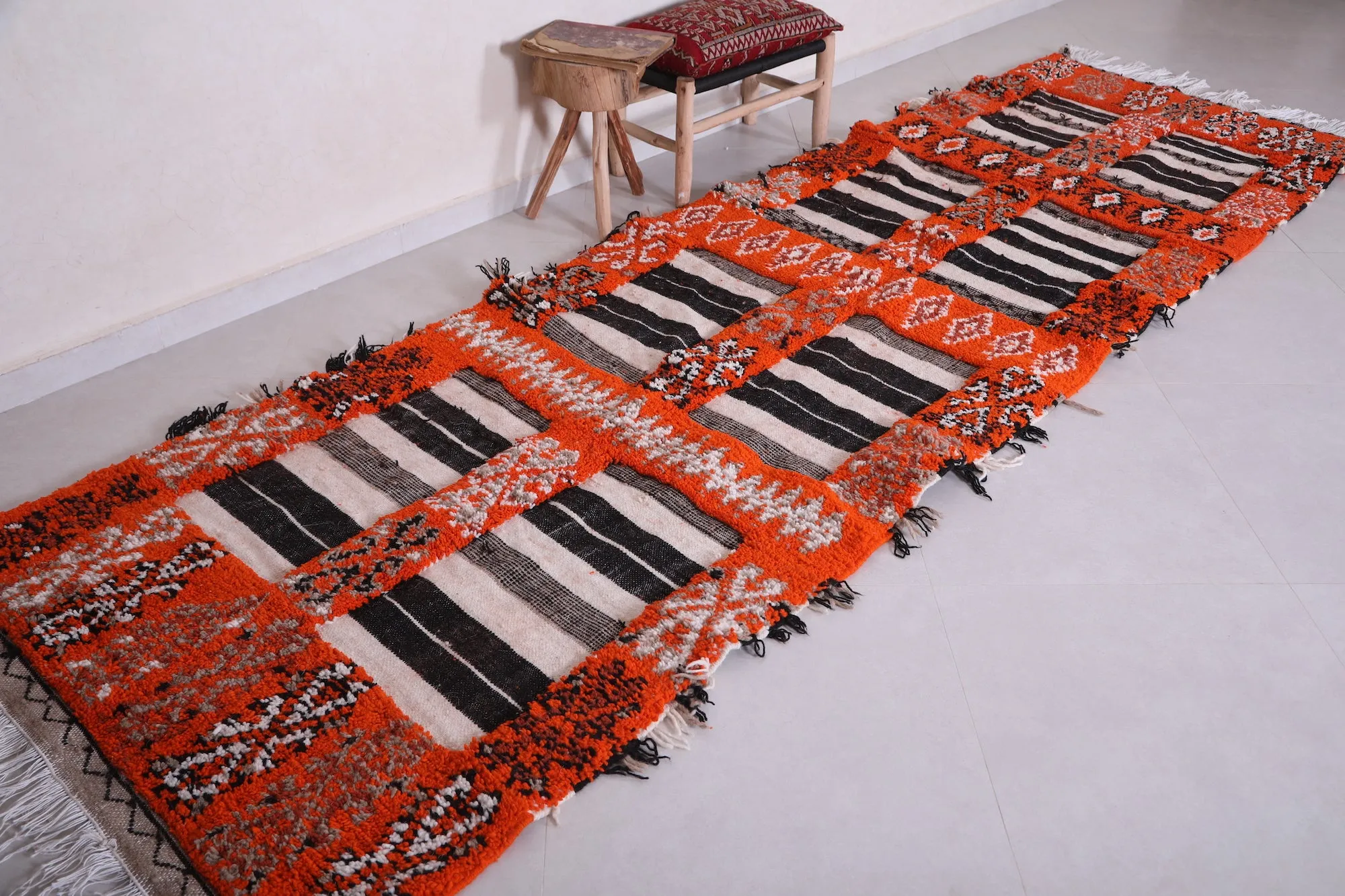 Moroccan Rug 3.6 X 12.2 Feet - Bold Orange with Black & White Accents