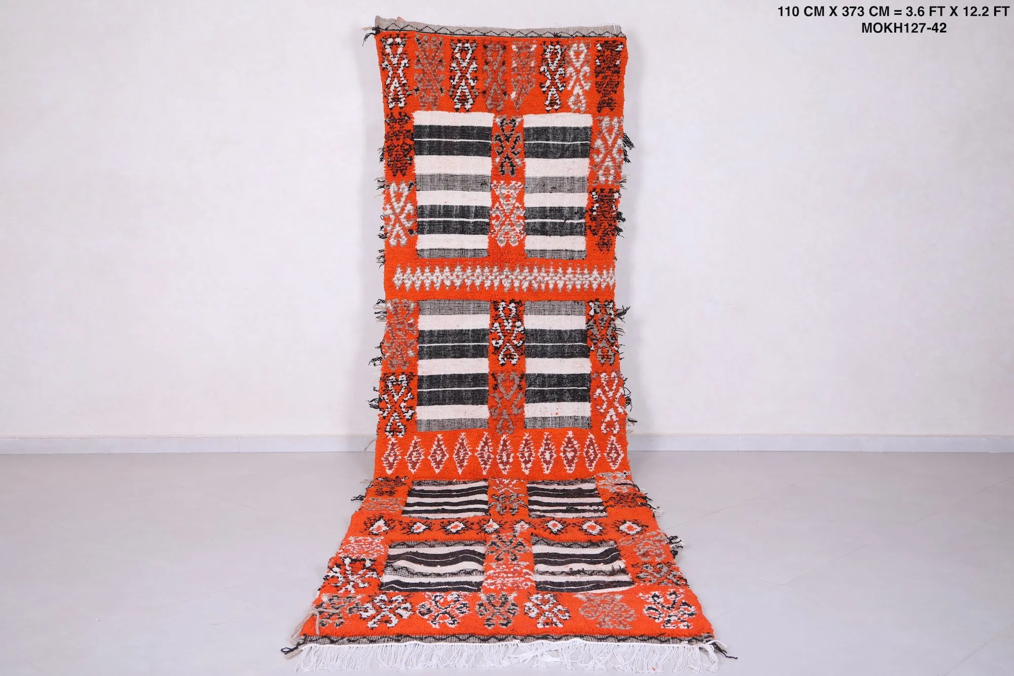 Moroccan Rug 3.6 X 12.2 Feet - Bold Orange with Black & White Accents