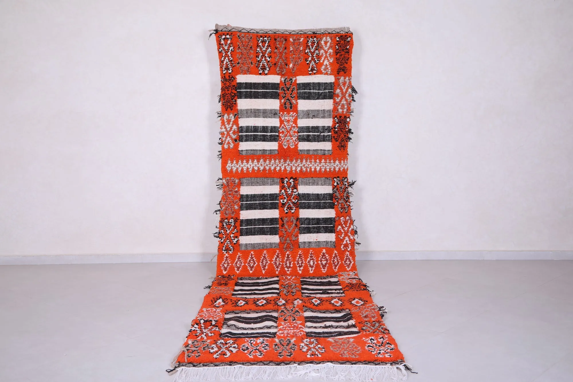 Moroccan Rug 3.6 X 12.2 Feet - Bold Orange with Black & White Accents