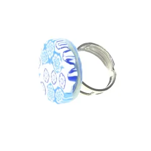 Murano Glass Aqua White Large Millefiori Ring
