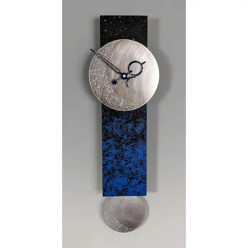 Narrow Moon Pendulum Wall Clock in Hand Painted Wood and Textured Stainless Steel by Leonie Lacouette