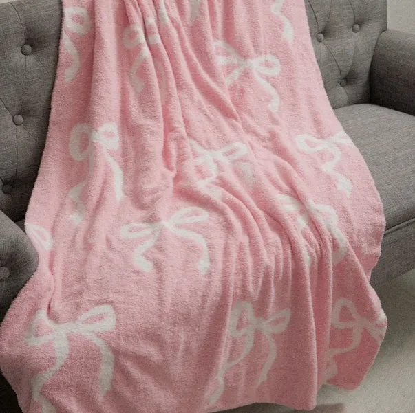 NEW! LUXE PINK   WHITE BOW BLANKET