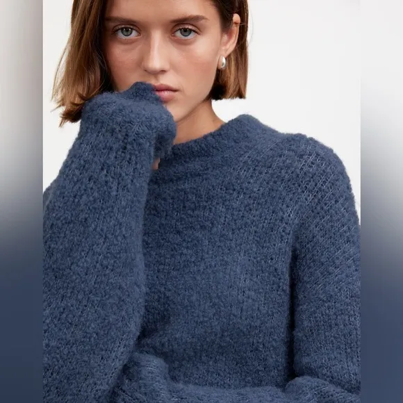 NEW Madewell Wool-Alpaca Blend Bouclé-Knit Oversized Sweater XS Hthr Denim Blue