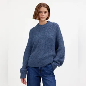 NEW Madewell Wool-Alpaca Blend Bouclé-Knit Oversized Sweater XS Hthr Denim Blue