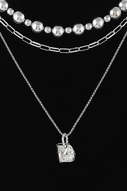 Nugget Charm Multi Layered Necklace - Silver