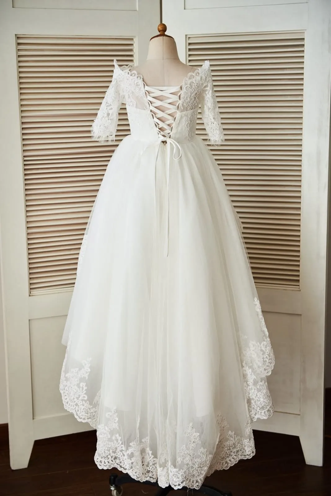 Off Shoulder Elbow Sleeves Beaded Lace Tulle Wedding Flower Girl Dress