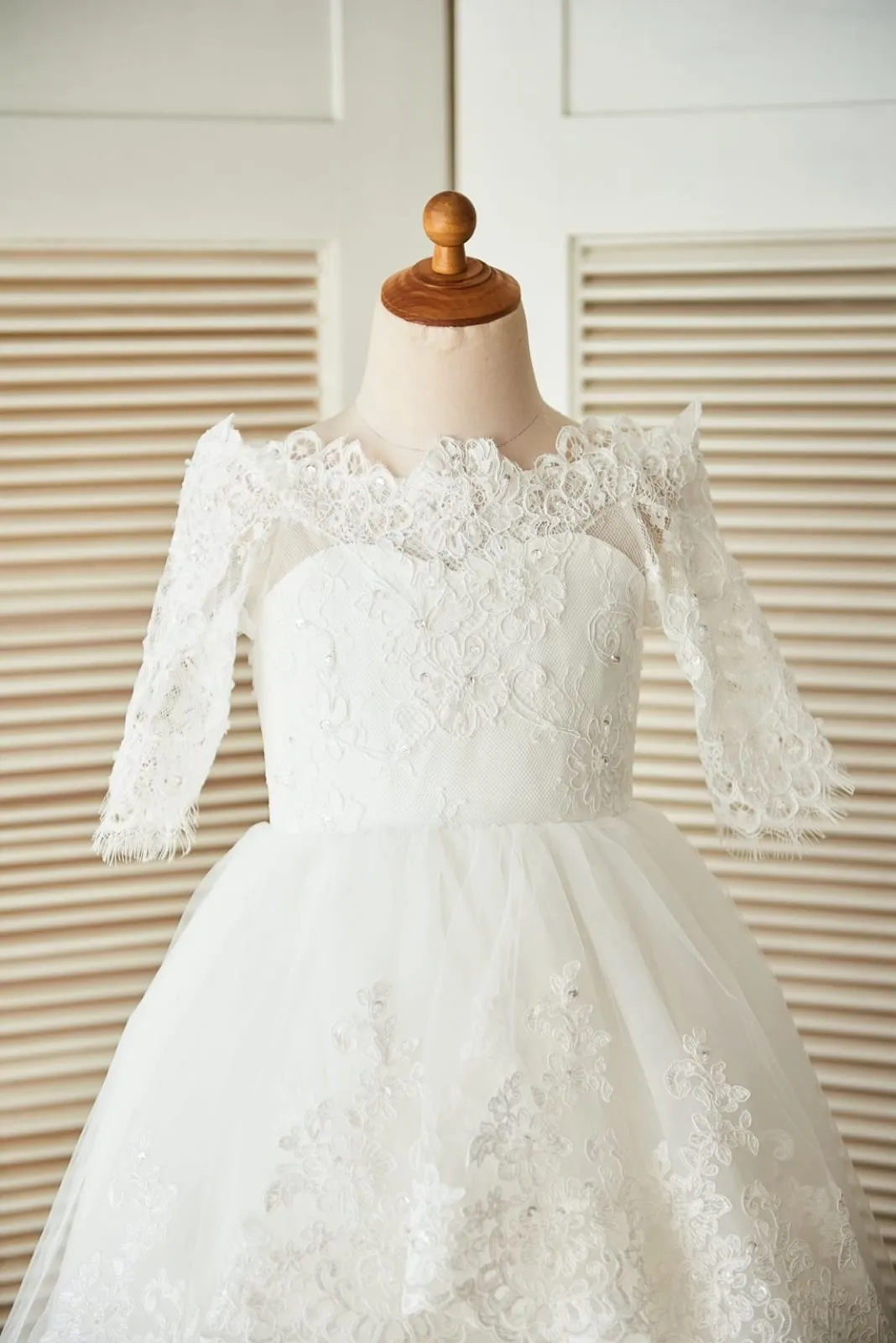 Off Shoulder Elbow Sleeves Beaded Lace Tulle Wedding Flower Girl Dress