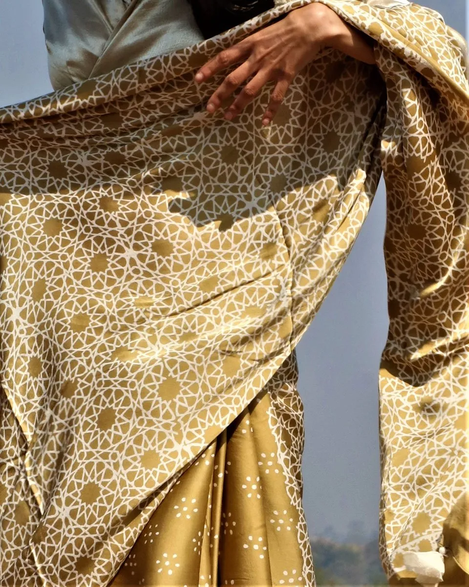 Olive Blockprinted Modal Silk Saree