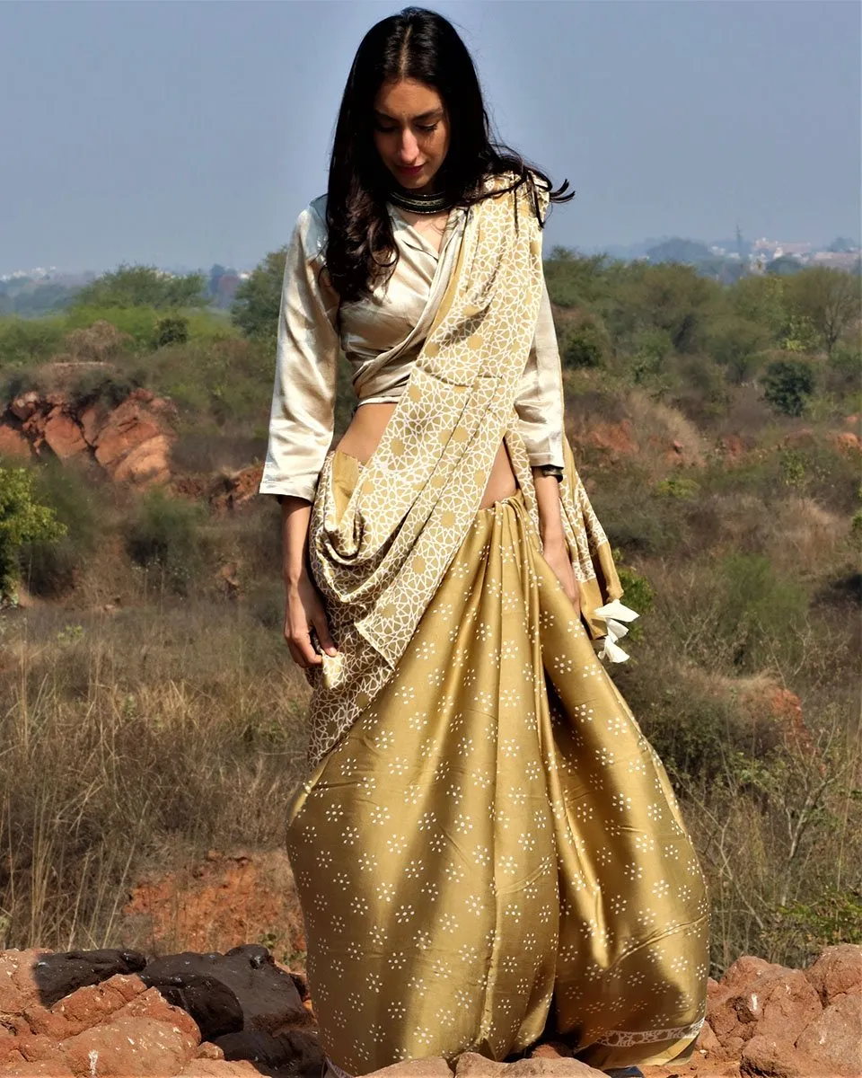 Olive Blockprinted Modal Silk Saree