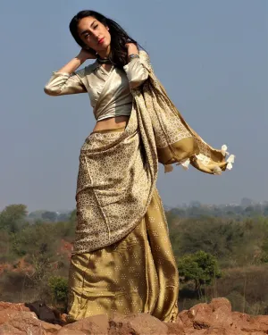 Olive Blockprinted Modal Silk Saree