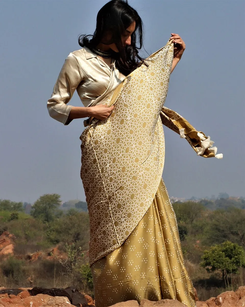 Olive Blockprinted Modal Silk Saree