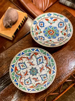 Pair of Vintage Colorful Floral Hand Painted Ceramic Iznik Bowl Plates