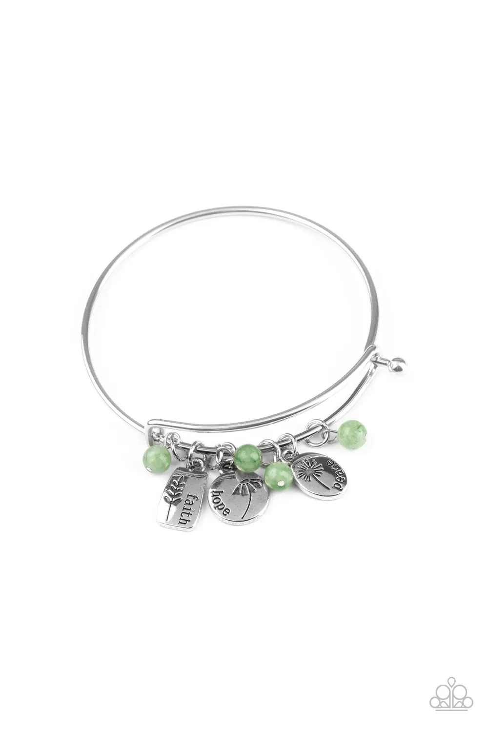 Paparazzi "Growing Strong" Silver Metal & Green Beaded Inspirational Tension Bracelet