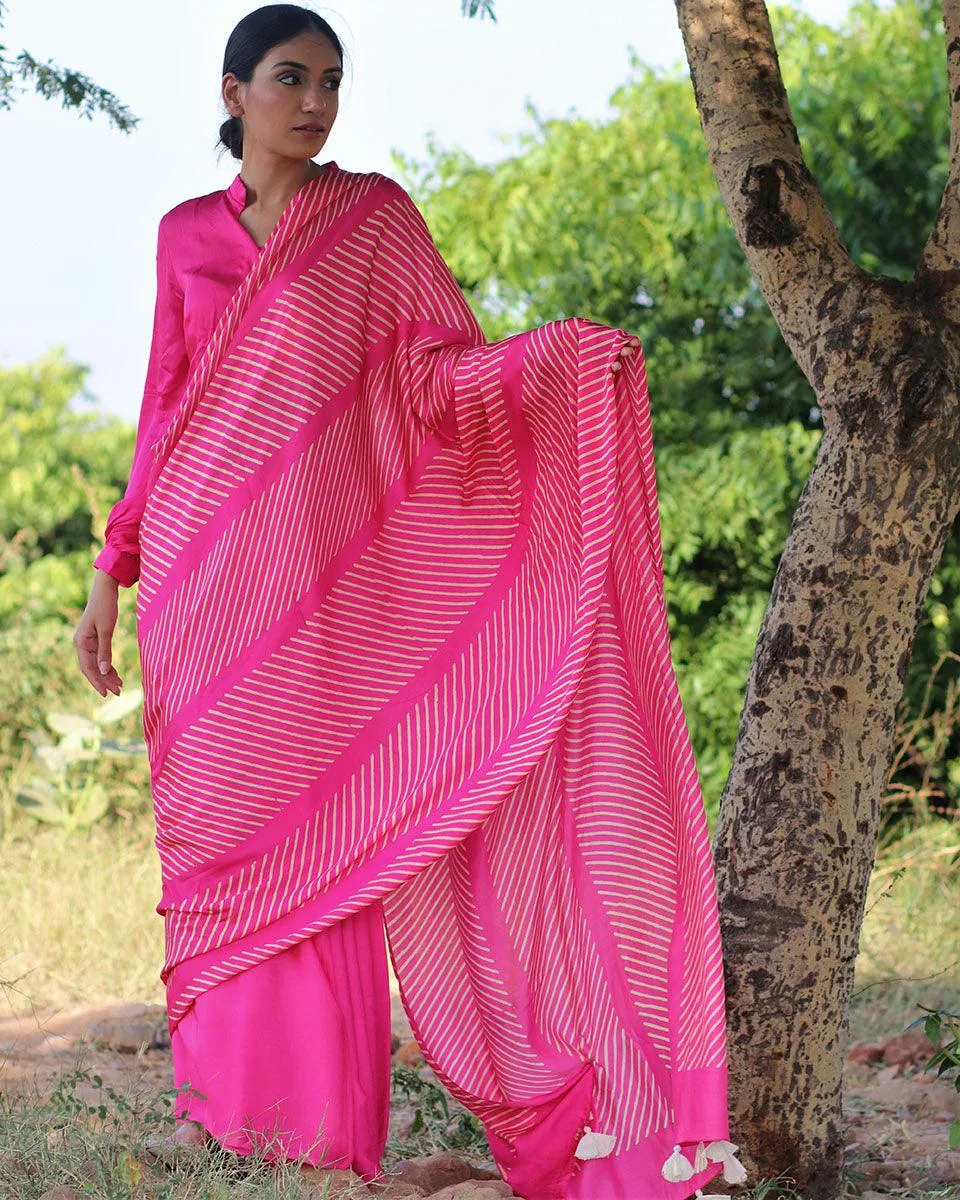 Pink Blockprinted Modal Silk Saree - Rang