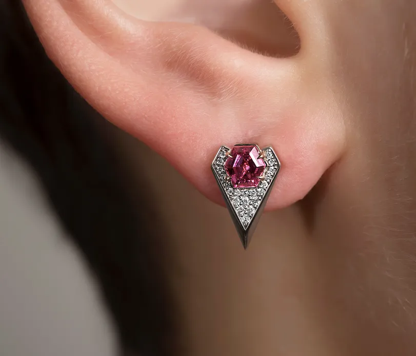 Pink Garnet & Diamond Stud Earrings - Chevron