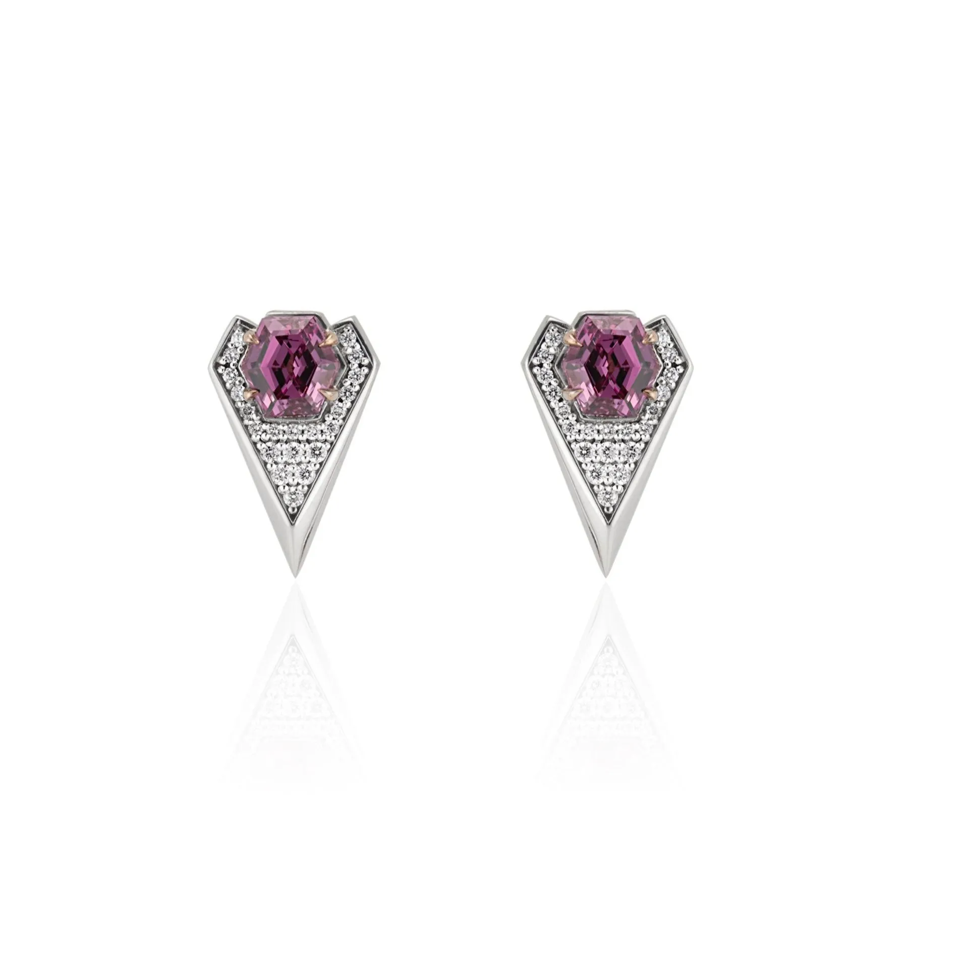 Pink Garnet & Diamond Stud Earrings - Chevron