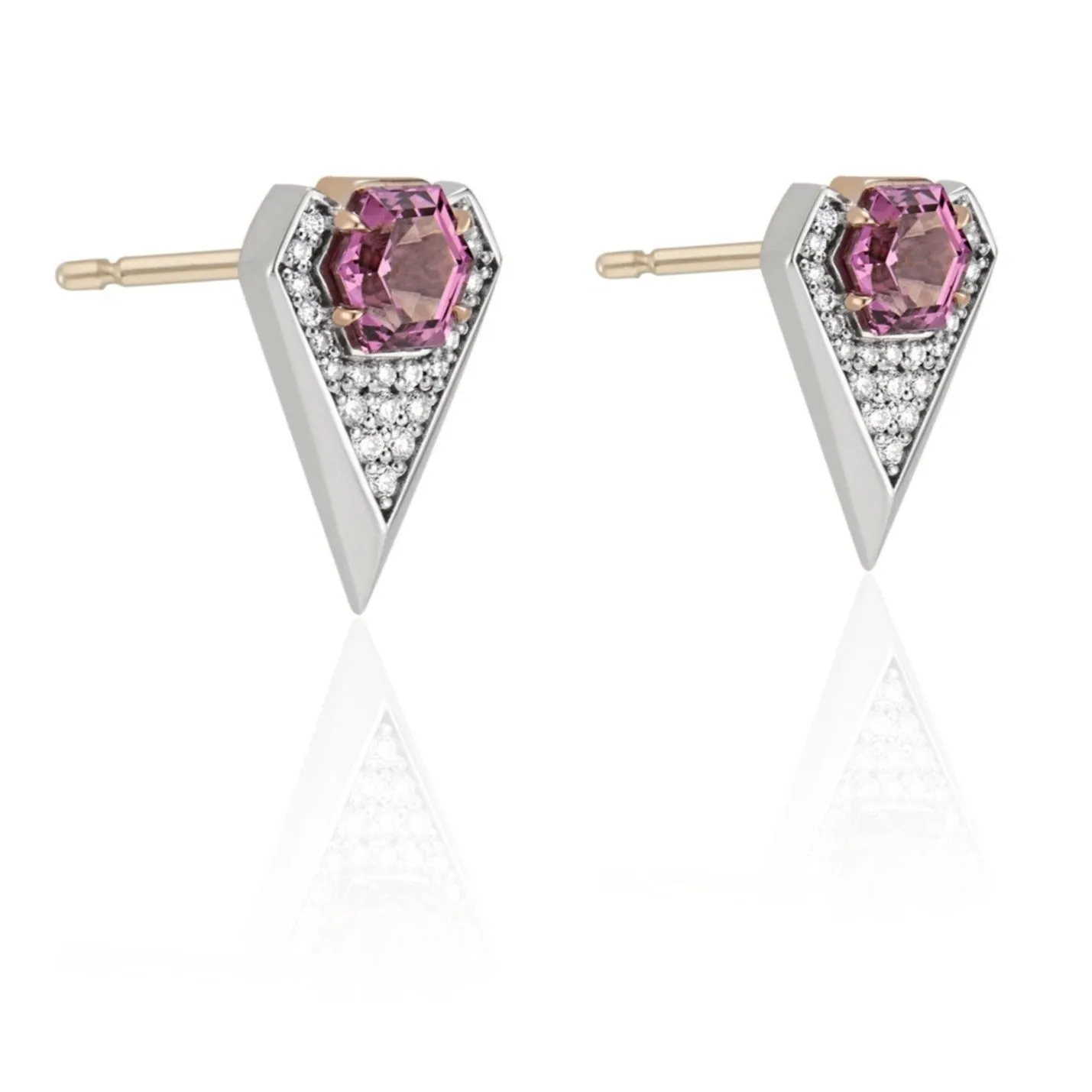 Pink Garnet & Diamond Stud Earrings - Chevron