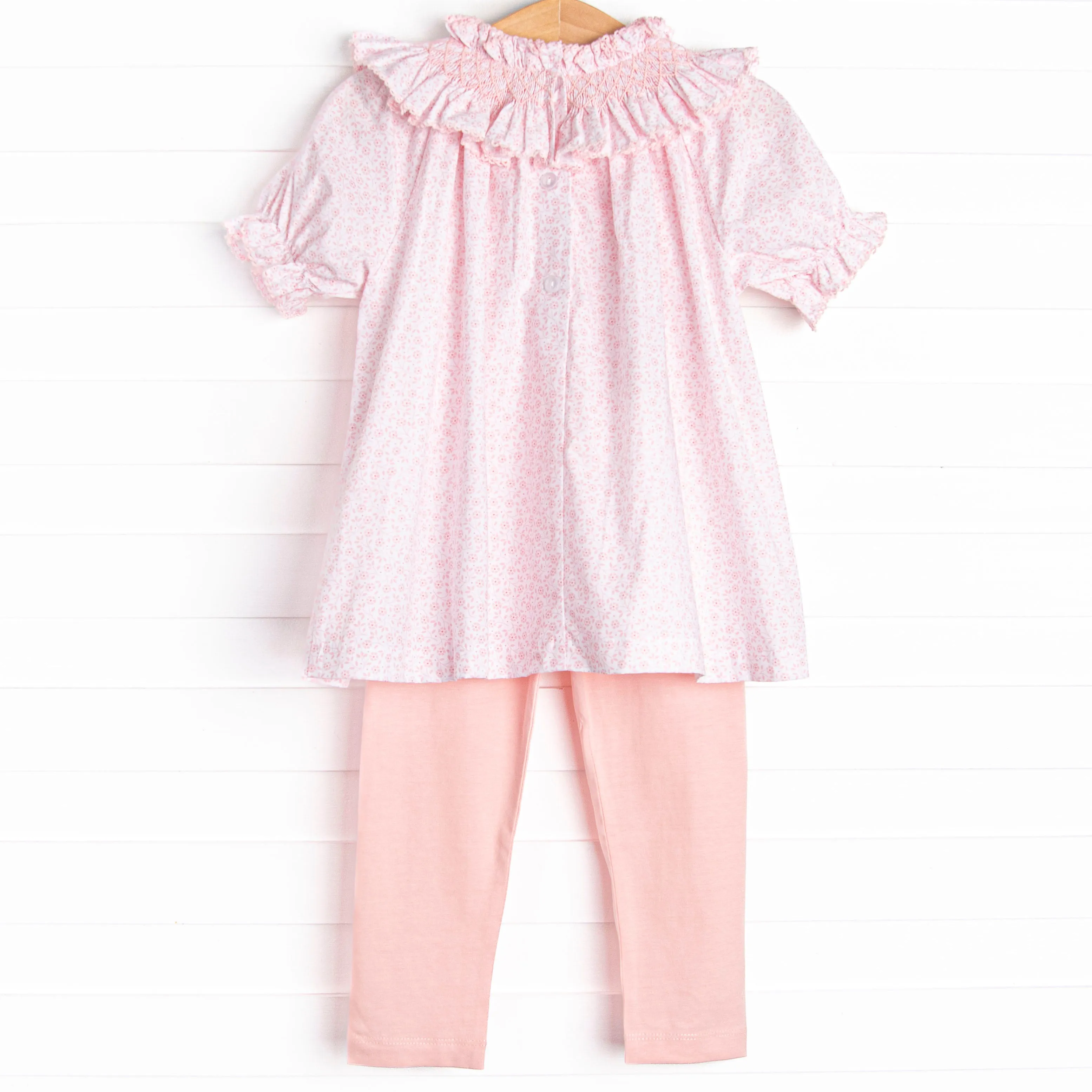 Powder Pink Petals Smocked Legging Set, Pink
