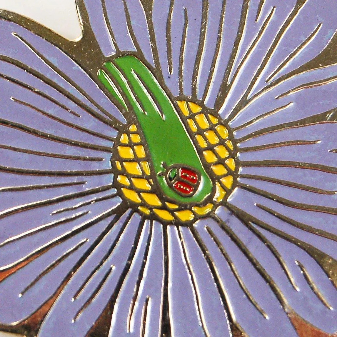 Purple Flower Brooch with Ladybug, Desert Flower, Painted Enamel, W Scully, Designer Vintage Jewelry, 1980s