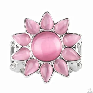"Blossoming Sunbeams" Silver Metal & Pink Cat's Eye Sun/Flower Elastic Back Ring
