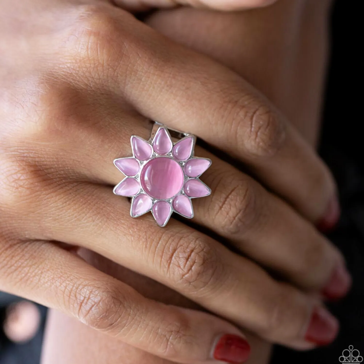 "Blossoming Sunbeams" Silver Metal & Pink Cat's Eye Sun/Flower Elastic Back Ring