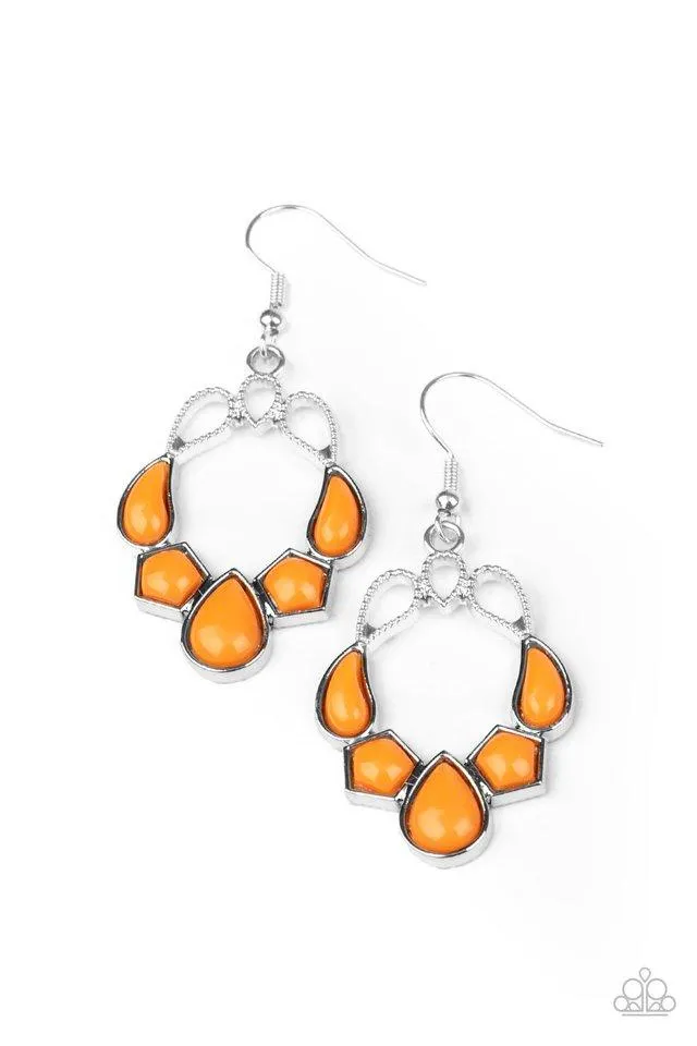 "It's Rude to Steer" Silver Metal Multi Shaped Orange Stones Dangle Earrings