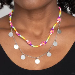 "Rainbow Dash" Silver Metal Pink & Multi Colored Seed Beaded Layered Necklace Set
