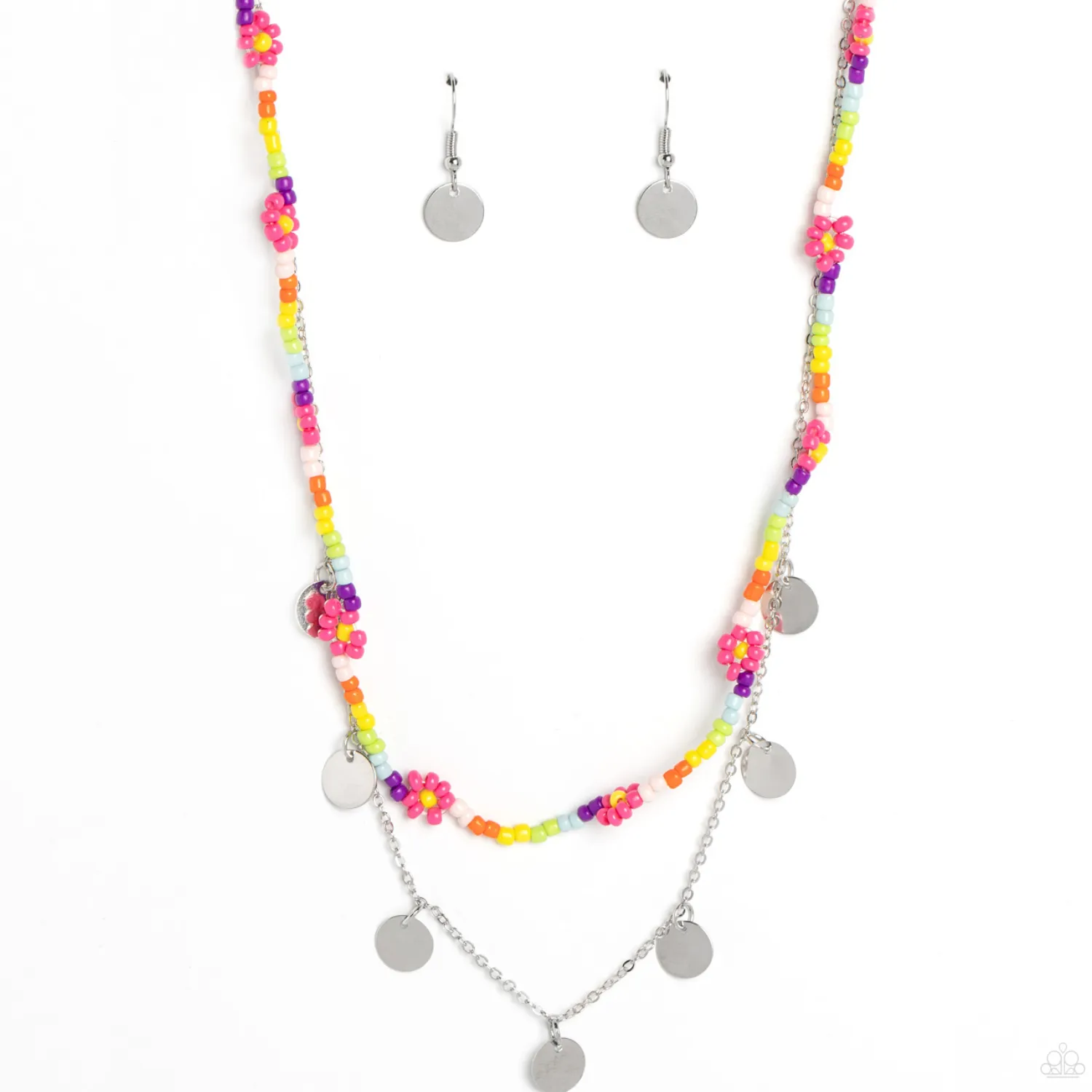 "Rainbow Dash" Silver Metal Pink & Multi Colored Seed Beaded Layered Necklace Set