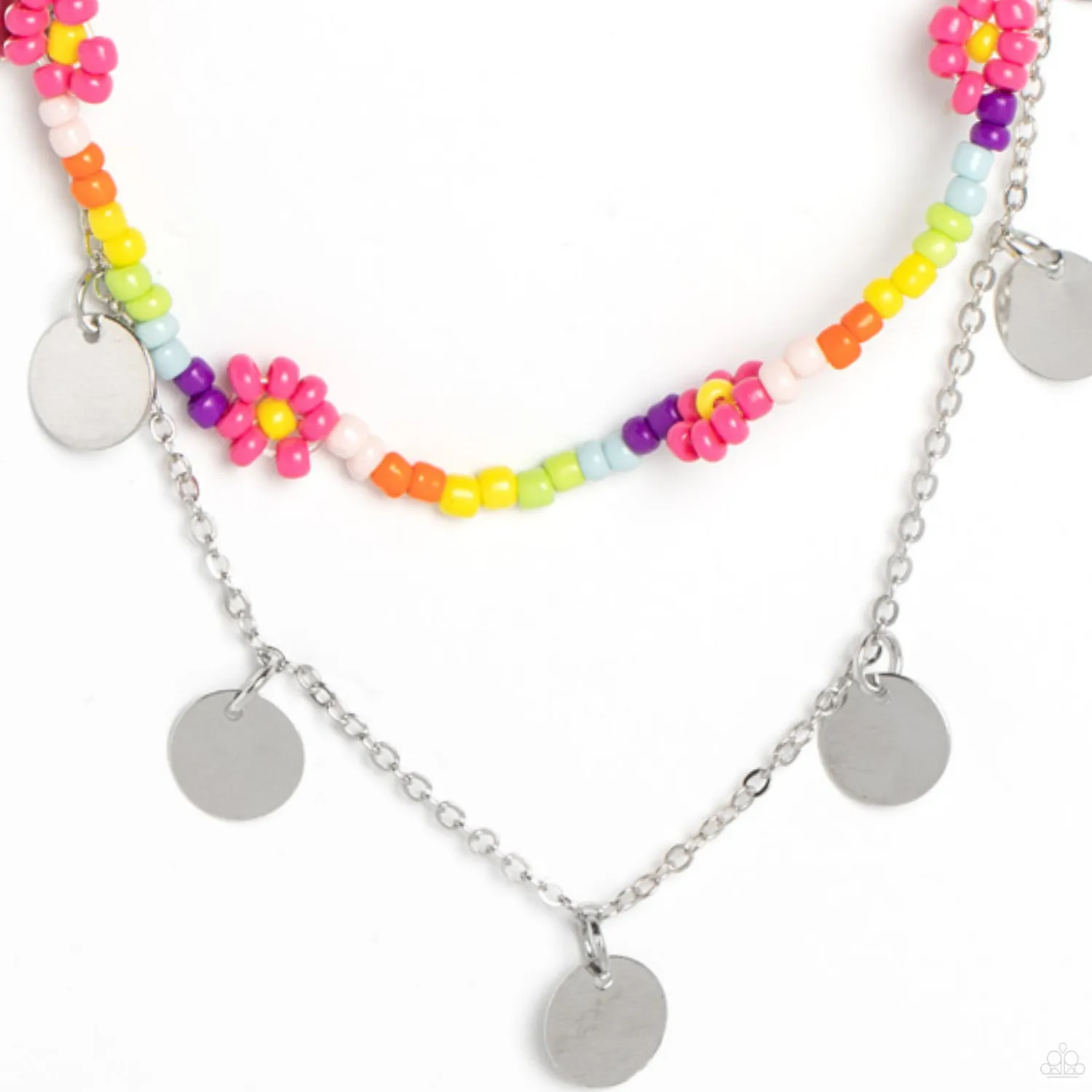 "Rainbow Dash" Silver Metal Pink & Multi Colored Seed Beaded Layered Necklace Set