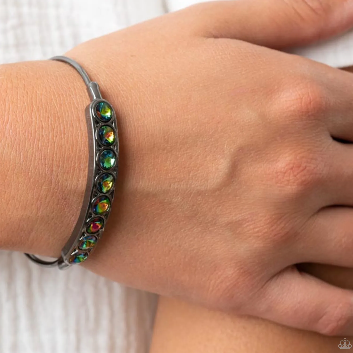 "Vertigo Views" Gunmetal & Round Multi Oil Spill Rhinestones "Bar" Cuff Bracelet