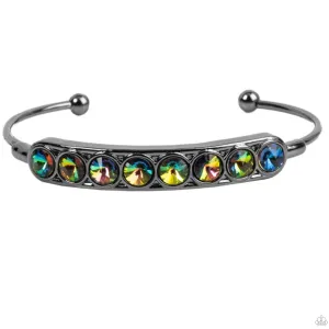 "Vertigo Views" Gunmetal & Round Multi Oil Spill Rhinestones "Bar" Cuff Bracelet