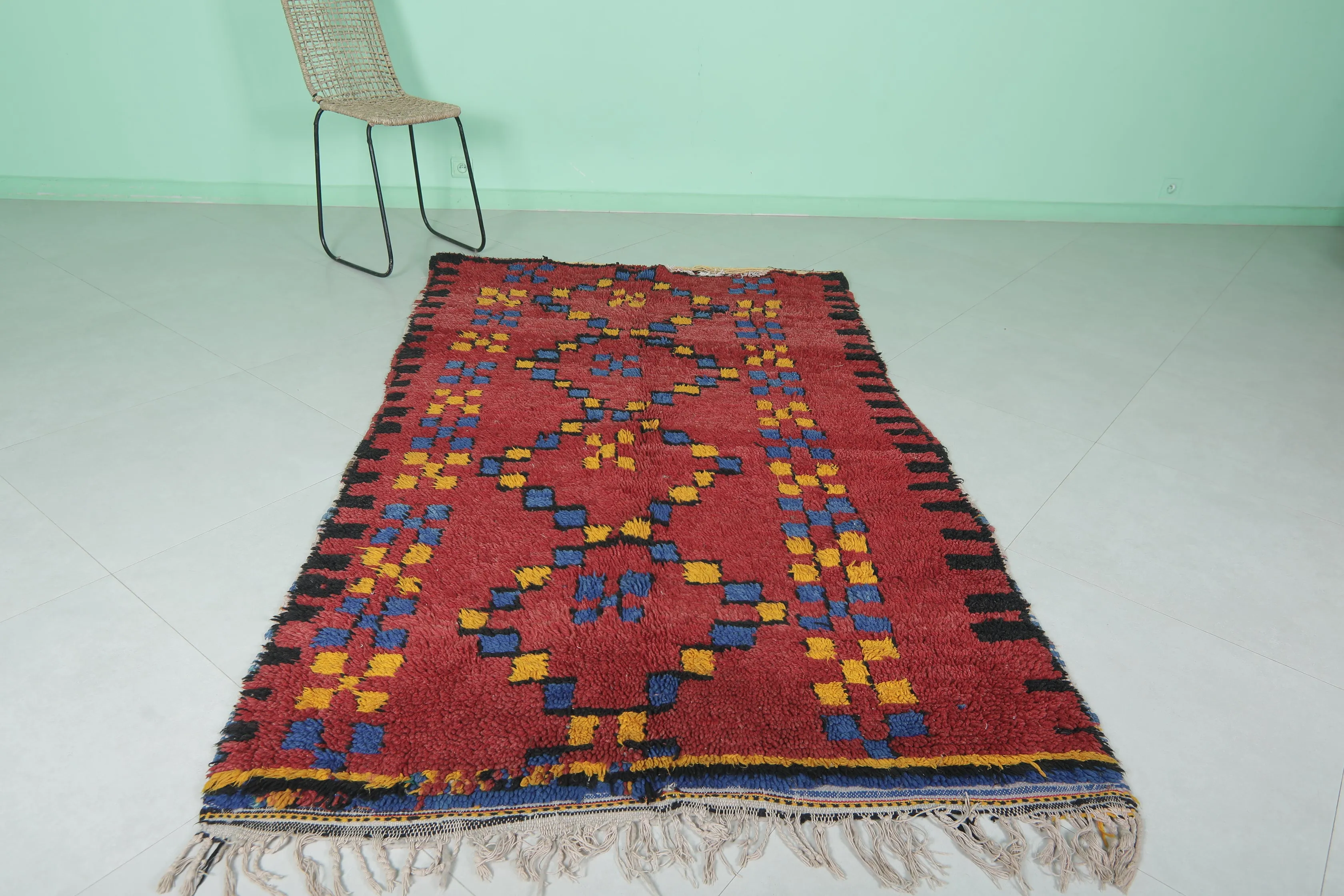 Red Moroccan Rug 4.3 x 7.3 ft - Handmade Wool Vintage Carpet