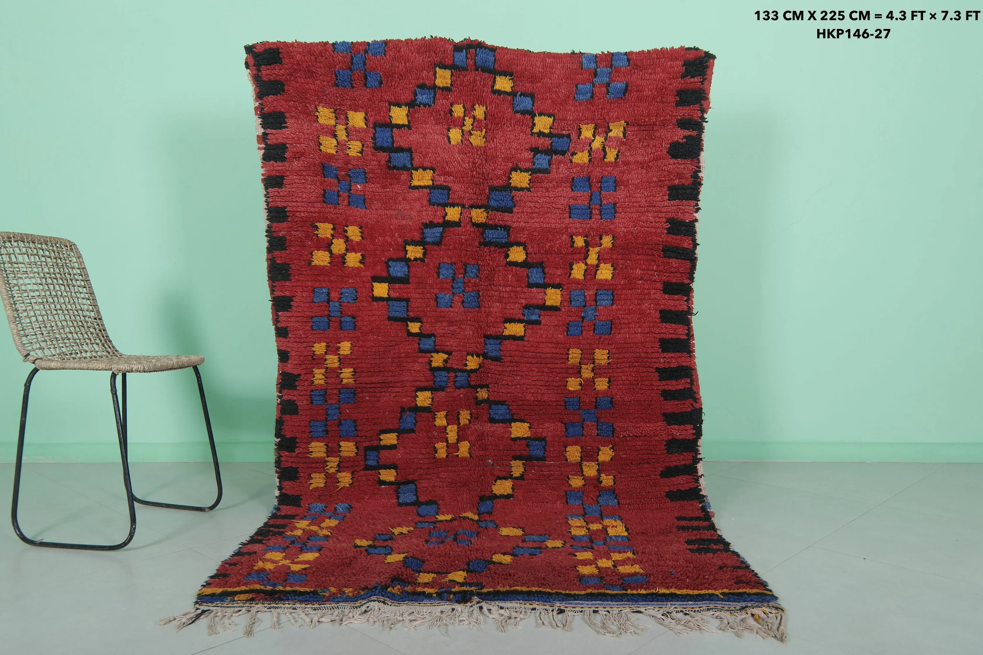 Red Moroccan Rug 4.3 x 7.3 ft - Handmade Wool Vintage Carpet