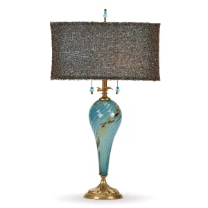 Renee Table lamp 231AF176 Colors Aqua Blue and Brown Blown Glass Base with Bronze and Bead Shade by Kinzig Design